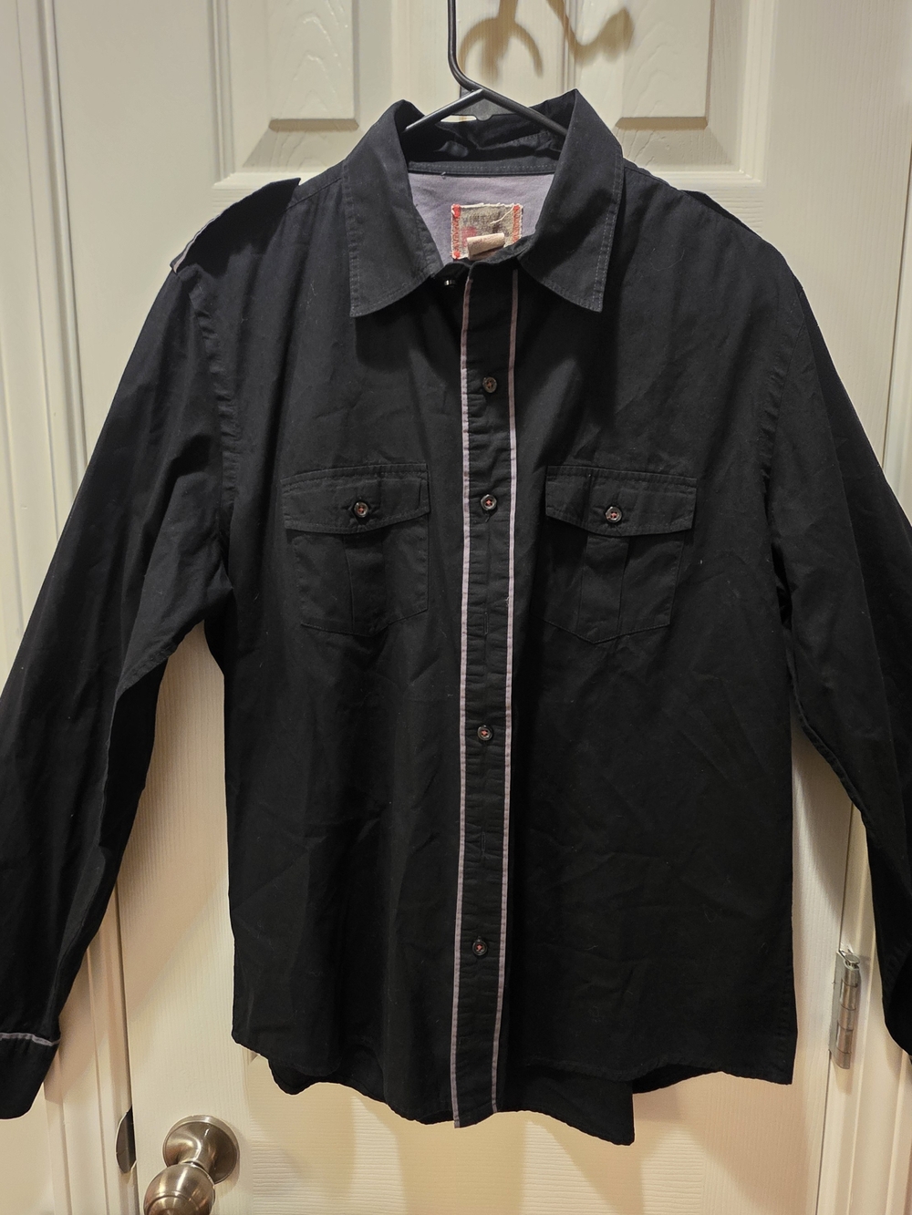 Vintage Red black cotton button-up shirt with white piping, size